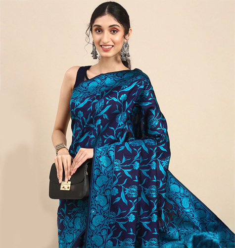 Navy Blue Woven Design Silk Blend Saree